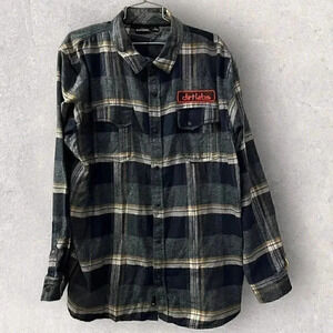Burnside Shirt Men's Large Blue Plaid Flannel Button Front Patch dirtlabs Adult